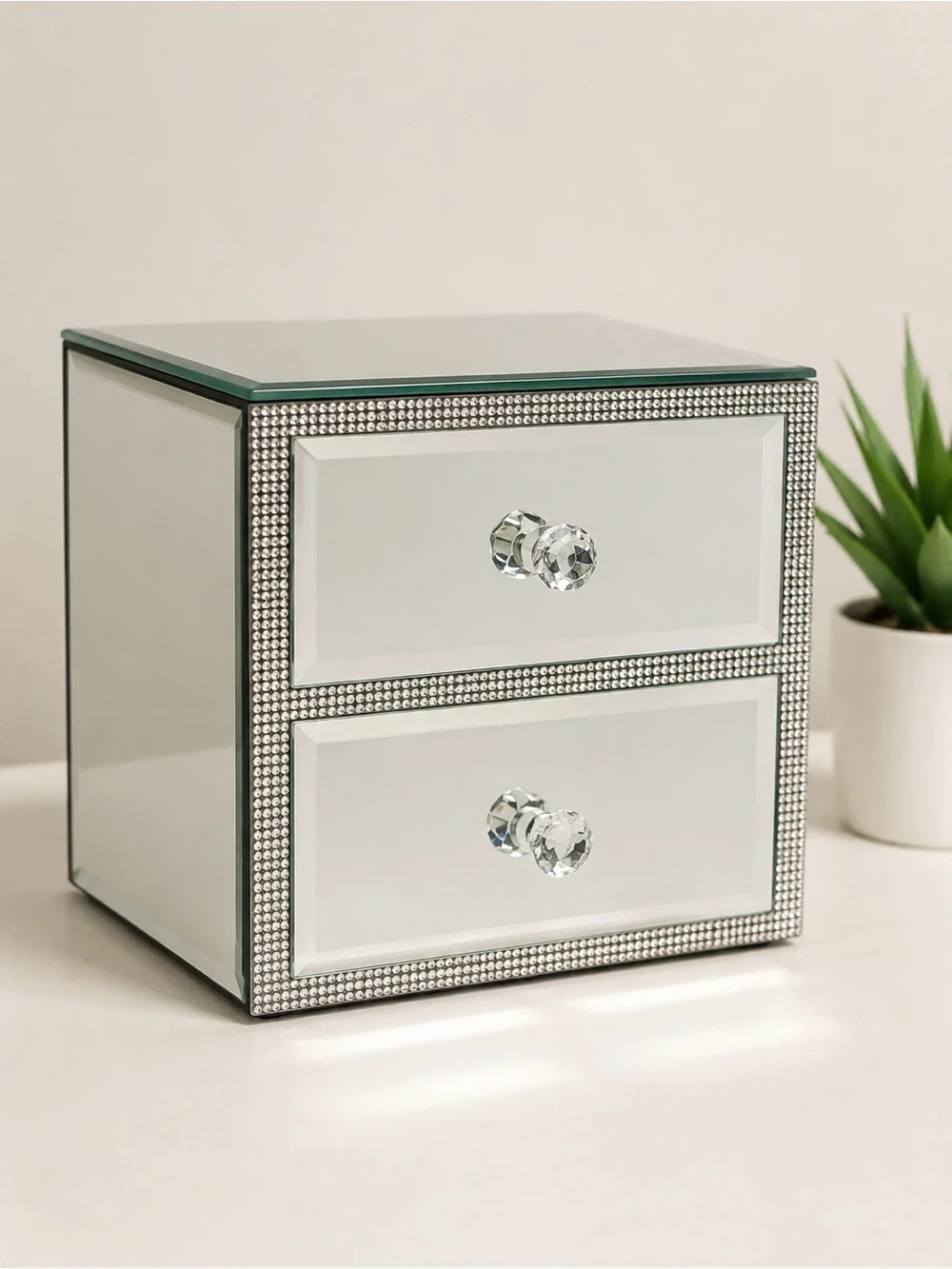 NWT Mirrored 2-Drawer Jewelry Chest with Crystal Knobs - Silver